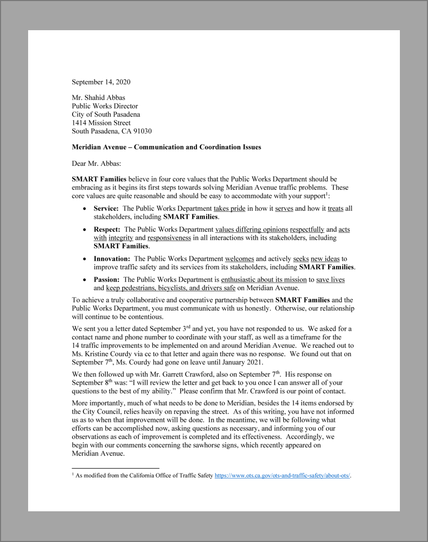 SMART Families Letter to the Public Works Director, September 14, 2020